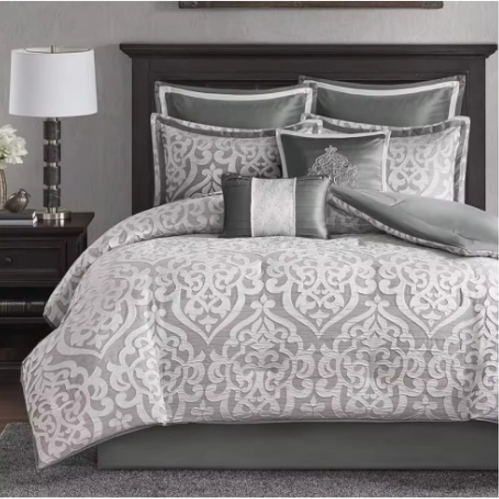 Cozy Comforter Set Jacquard Damask Medallion Design All Season,Down Alternative Bedding, Shams,King 104 in x92 in Silver 8 Piece Cozy Comforter Set Jacquard Damask Medallion Design All Season,Down Alternative Bedding, Shams,King 104 in x92 in Silver 8 Piece